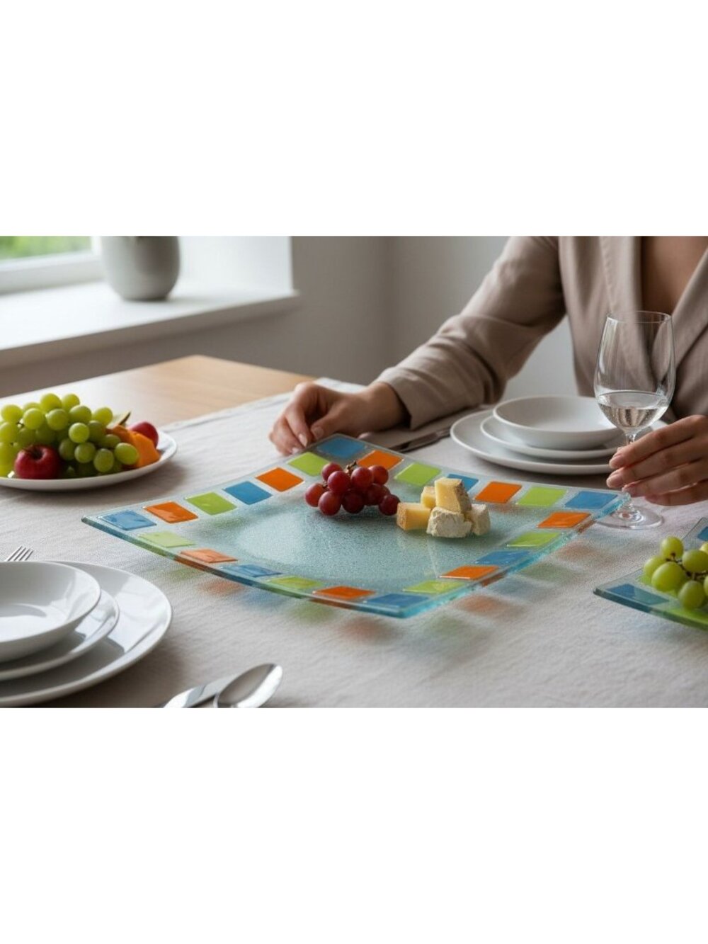 Decorative Square Glass Plate With Multicolor Mosaic Border - Modern Tableware F